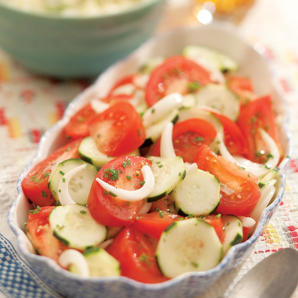 summer tomato, onion, and cucumber salad
